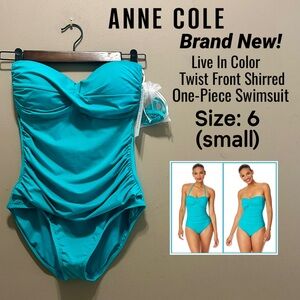 NWT Women's ANNE COLE Live In Color Twist Front Shirred One Piece Swimsuit - 6/S